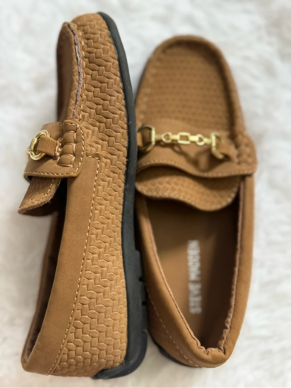 Steve Madden Cognac Loafers with Gold Chain Detail